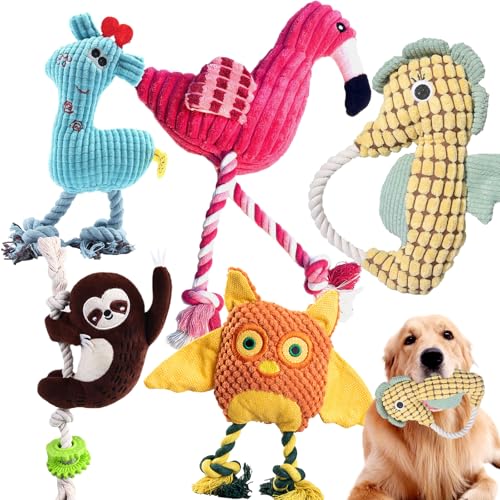 MRSOHRET 5 Pack Plush Dog Toys with Rope, Squeaky Dog Toys, Tug of War Dog Interactive Toy, Durable Dog Chew Toys for Large Dogs & Puppies