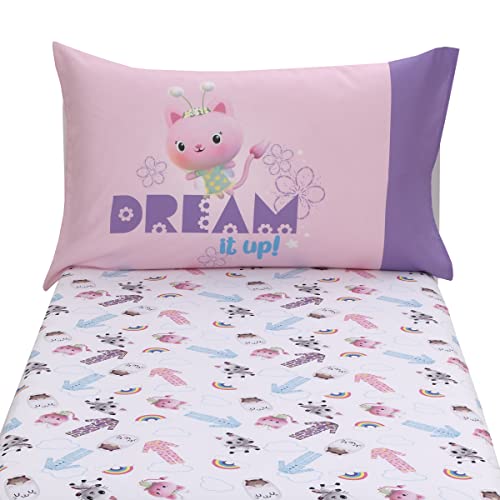 DreamWorks Gabby's Dollhouse Dream It Up Pink and Purple Kitty Fairy 2 Piece Toddler Sheet Set - Fitted Bottom Sheet and Reversible Pillowcase - color: Gabby's Dollhouse Dream It Up