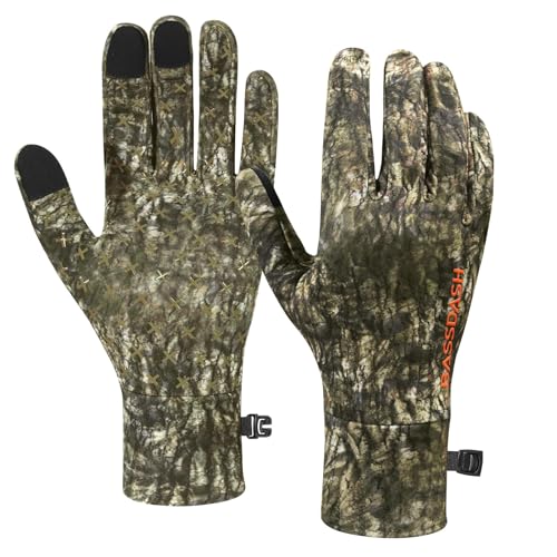 BASSDASH Unisex Fleece Liner Lightweight Camo Hunting Gloves HG07 | Stretch Fleeced Warm Anti-Slip Gloves with Touchscreen for Men Women Cool Weather Shooting Photography Fishing - color: Moss Wood, size: Small