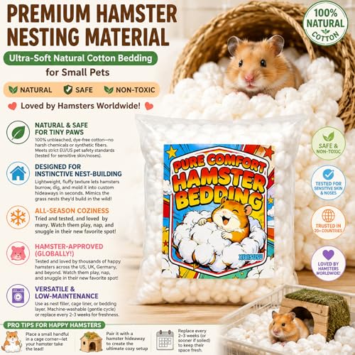 100% Cotton Bedding for Hamsters & Guinea Pigs - Small Animal Bedding, Natural Safe Pet Bedding for Cages, Rabbits, Guinea Pig, Bunny, Mouse, Rats, Birds, Chinchillas and Gerbils - 4 oz