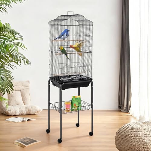 60" Large Bird Cage with Stand, Metal Rolling Parrot Cage with Slide-Out Tray, Storage Shelf, Perch & Bowls, Outdoor Indoor Bird Aviary for Parakeets, Cockatiels, Finches, Aviary for Yard Porch