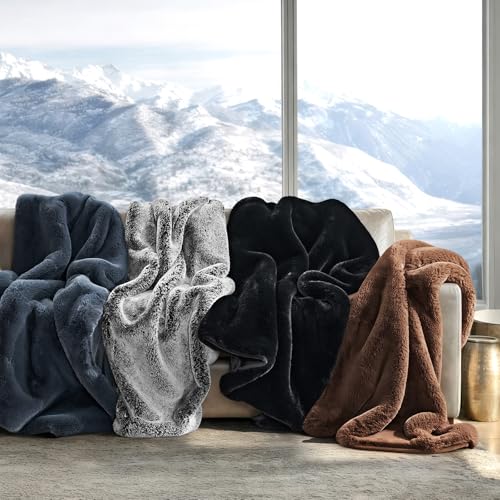 EVERGRACEHOME Faux Chinchilla Fur Throw Blanket, 60"x80", Black Noir Mink | Luxury, Super Soft, 1220GSM, Fluffy Cozy Mink, Reversible Velvet Back, Warm Thick Heavy Winter Throw for Couch Bed, Gift - color: Black Noir Mink, size: 60"x80"