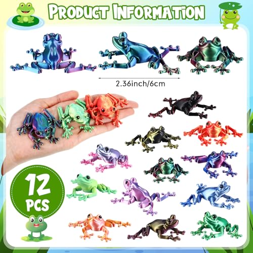 Honoson 12 Pcs 3D Printed Animals 5-7cm, Realistic Frog | Articulated Fidget Animals, Flexible 3D Printed Figures for Stress Relief, Cute Mini Joints for Party Favors and Display - size: 5-7cm, style: Realistic Frog