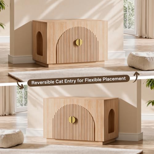 Amunrbrek Cat Litter Box Enclosure Furniture, 31.5" Arched Fluted Cabinet - color: Natural