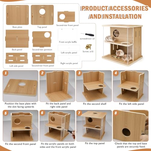 Double-Decker Hamster Hides with Acrylic Viewing Panels, Wooden Hamster Hideout for Syrian Hamsters Gerbils, Detachable Mouse House (Natural Color)