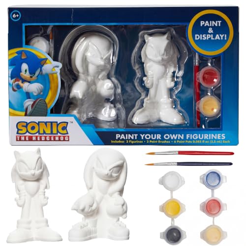 Sonic the Hedgehog Paint Your Own Figurines Craft Kit with Sonic & Knuckles | Sonic Coloring Toy Gifts, Knuckles the Echidna 2 Ceramic Figures, 6 Paints, 2 Brushes, DIY Arts & Crafts Activity for Kids - style: Sonic