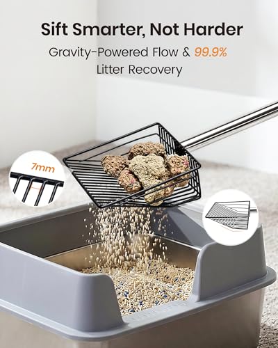 Cat Litter Scoop with Holder 43" Metal Litter Scooper with Stainless Steel Long Handle, Large Kitty Box Scooper Heavy Duty Deep Shovel for Fast Sifting, Dog Waste Scooops for Outside Pet Poop - size: Upgraded Long Handle