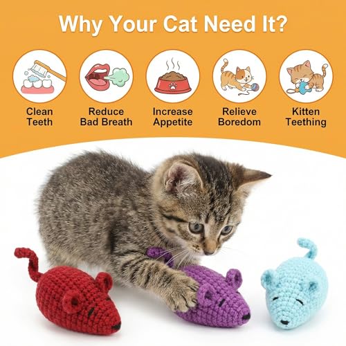 Catnip Toys Crochet Mice Cat Toys, 3 Pcs Handmade Durable Yarn Mice Toys with Natural Catnip & Silvervine, Interactive Kitten Chew Kicker Toy for Teeth Cleaning & Anxiety Relief - color: 3pcs