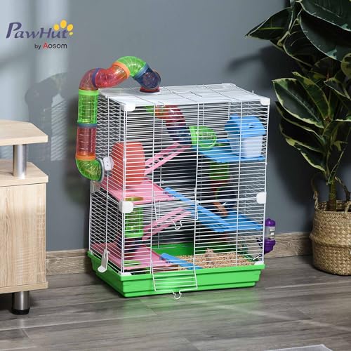 PawHut 18" 5 Tier Hamster Cage w/Tubes and Tunnels for Gerbil Green&White | Small Animal Cage, Portable Carry Handle, Water Bottle, Food Dish, Exercise Wheel - color: Green and White
