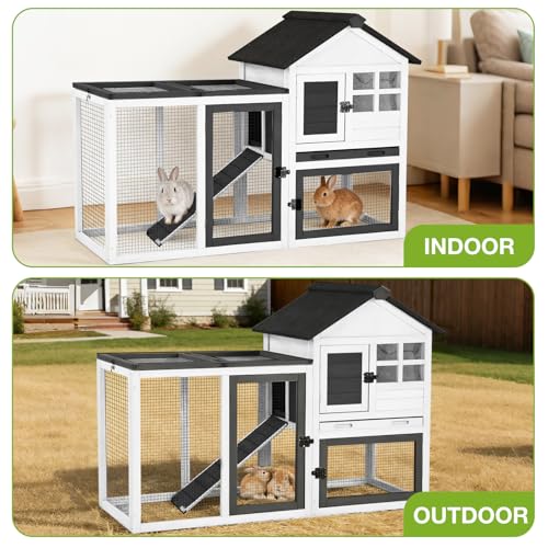 Outdoor Rabbit Hutch with Run, 2-Tier Fir Wood Bunny Cage, Waterproof Roof, Pull-Out Tray, Secure Latches, 51.6 x 20.8 x 36.2 in, Black - color: White, size: 51.6"L x 20.8"W x 36.2"H