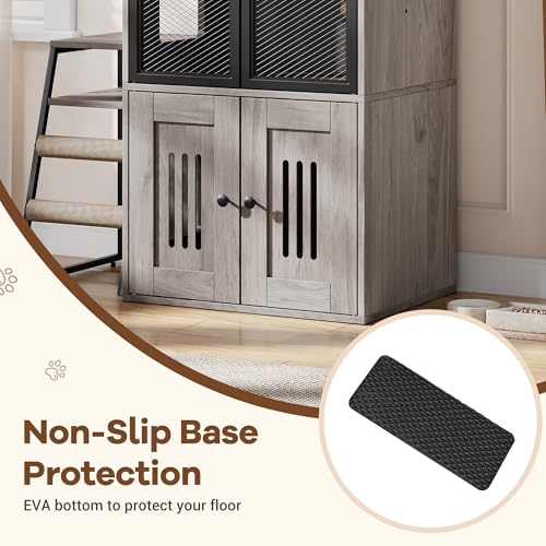 TrailBlaze Litter Box Enclosure with Platform, Double Layer Hidden Furniture, Modern Villa Cat Cabinet with Ladder, Hammock & Metal Mesh Door, Indoor Washroom Cat House-Gray - color: Gray