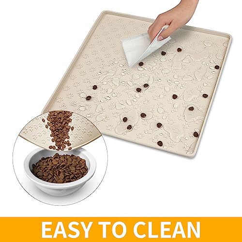 2 Pack Pet Placemat for Dog and Cat, Waterproof Non-Slip Silicone Feeding Bowl Mat Prevent Food and Water Overflow, Puppy Dish Feeder Fountain Trays Suitable for Medium and Small Pets, Beige - color: Beige, size: 11.8"L x 11.8"W - 2 Pack