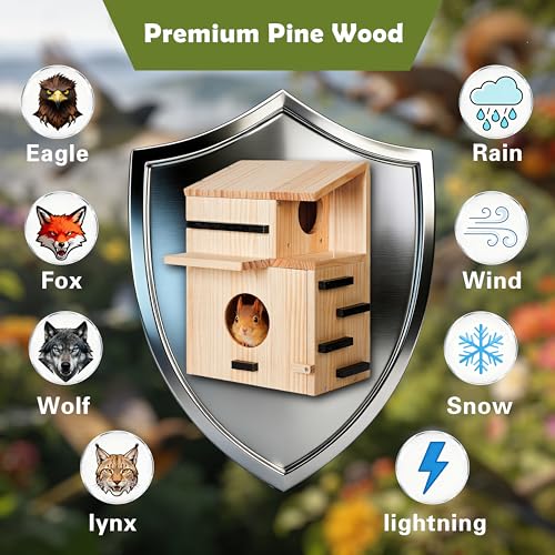 Large Wooden Squirrel House for Outside, Squirrel Nesting Box with Window | Dual Balconies,Observation Window, Squirrel Feeder, and Squirrel Box with Multi-Level Platforms for Nesting & Shelter