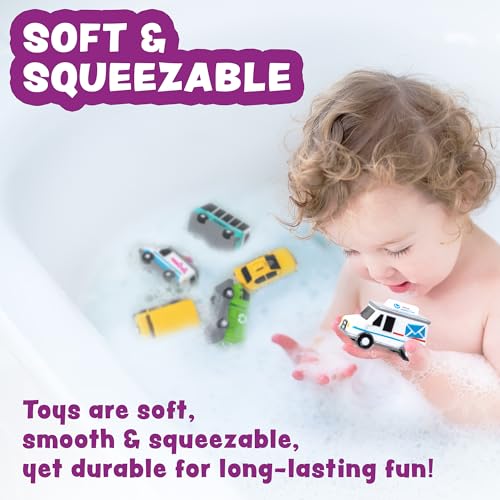 Tub Works® Vehicles™ Bath Cars Mold Free Bath Toys, 6 Pack | Sealed, No Hole Bath Toys Design Keeps Moisture Out | Soft, Squeezable & Float on Water | Fun Baby & Toddler Bath Toys | City Car Bath Toys - style: City Cars - 6pk