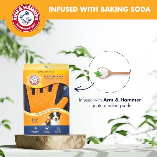 Arm & Hammer Deodorizing Dog Grooming Glove, Lily & Vanilla Scent | Fragrance transfer technology, baking soda infused, deshedding glove, for bathing and dry grooming daily - size: 1-Pack, style: Grooming Pet Glove - Sweet Lily & Vanilla