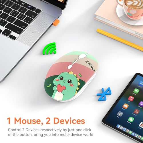 FMOUSE Cute Cartoon Silent Wireless Mouse, Dual Mode Bluetooth & USB 2.4G | Cute Dino Pattern, Ideal for Kids Students Teen Girls | AA Battery Powered | Compatible with Laptop Mac iPad Tablet PC - color: Cute Dino