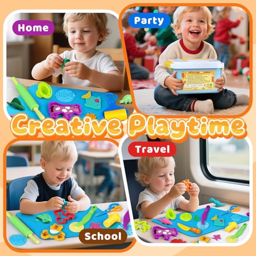 VConejo Dough Tools Play Sets for Kids, 37pcs Clay and Dough Accessories with Storage Container, Mat, Cutters, Rolling Pins, Safety Scissors, Stamps, Animal and 3D Dino Makers for Boys Girls