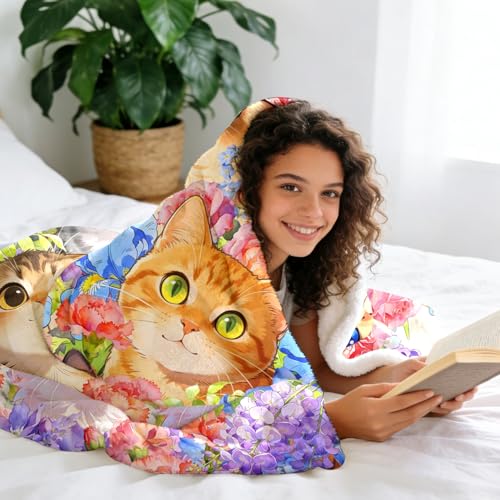 Cat Blanket Gifts Soft Warm Flannel Cats Throw Blanket Cute Cat Themed Lovers Gifts for Couch Bed Travel 50"x40" - color: Blue Cat