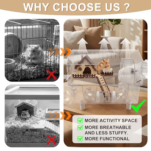 Loungewave Acrylic Hamster Cage, 8 in 1 Gerbil Cage with Accessories | Classic House Style, Dwarf Hamster Cage with Full Transparent Viewing, Clear View Inside Easy to Clean, Excellent Ventilation - color: Transparent