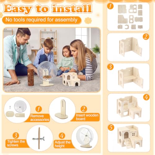 15 Pcs Hamster Cage Accessories Set, Wooden Hamster House, 9.45 Inch Silent Running Wheel, Swing, Tunnel, Chew Toys & Hideout for Dwarf Hamsters, Gerbils, Syrian Hamsters Animals Habitat