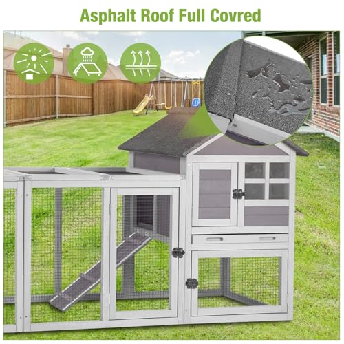 51.6’’ Large Rabbit Hutch Indoor Outdoor, Bunny Cage with Run, Wooden Rabbit House with Anti-Chewing Ramp, Waterproof Roof and Leakproof Deeper Tray (Grey) - color: Grey