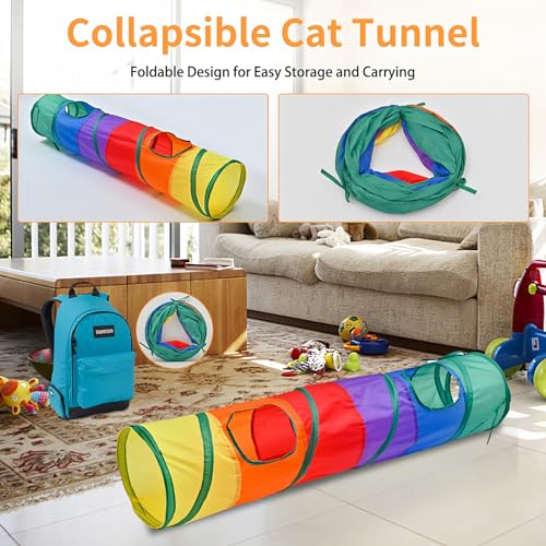 iCAGY Cat Tunnel for Indoor Cats Kittens Rabbits, Foldable Tunnel Toys | Interactive Pet Crinkle Pop Up Tunnel Play Toys, Relieve Cat Boredom, Rainbow 45"