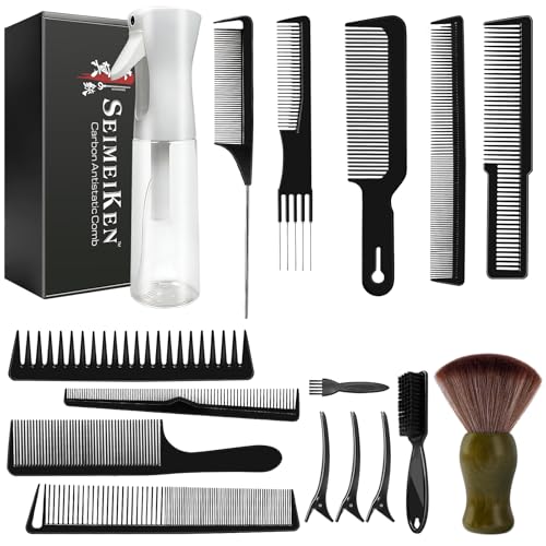 16 PCS Professional Barber Comb & Brush Set | 10oz (300ml) Continuous Spray Bottle, Carbon Fiber Rat Tail Comb, Neck Duster, For Men, Women, Salon & Home