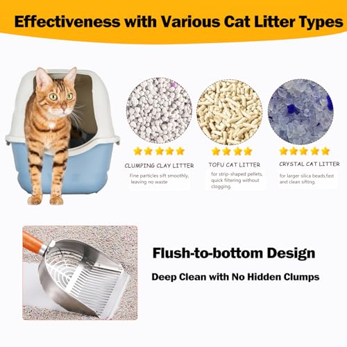 Custom 40% Thicker Side Edges 304 Stainless Steel Metal Cat Litter Scoop with Holder Stand Small Broom & Dustpan - Durable, Anti-Break Handle