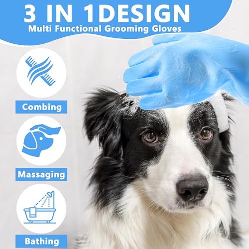Pet Grooming Gloves—Dog Washing Gloves with High-Density Teeth | Dog Bath Scrubber with Enhanced Five Finger Design, Silicone Gloves for Dogs and Cats Bathing, Massage (Blue) - color: Blue