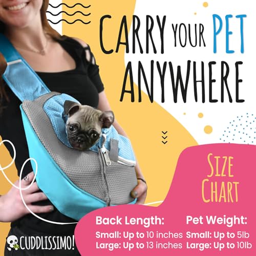 Cuddlissimo Small Dog Sling Carrier, Pet Cat Sling, Puppy Pouch - Blue-S | Teacup & toy breeds under 6 lbs, Yorkie, Chihuahua, kitten, wearable purse-style shoulder bag, hands-free chest carrying - color: Baby Blue
