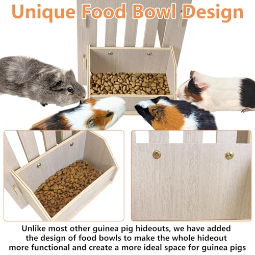 kathson Large Guinea Pig Hideout, Wooden Castle Small Animal House Sturdy 2-Layer Easy to Assemble Guinea Pig Habitat with Anti-Slip Mat Ramp & Food Bowl for Hamsters Bunny Hedgehogs Playing Hiding