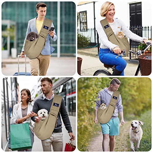 Dog and Cat Sling Carrier - Hands Free Reversible Pet Papoose Bag - Soft Pouch and Tote Design - Suitable for Puppy, Small Dogs Cats Outdoor Travel(Khaki, Unadjustable Strap) - color: Khaki