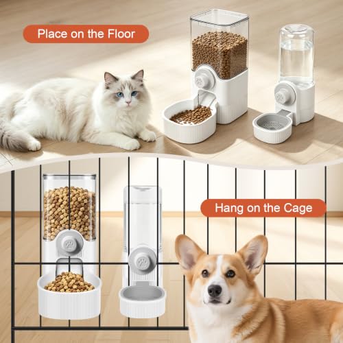 Hanging Cage Auto Small Pet Feeder Waterer Set for Puppy Cats, White | 1.2L Self-Feeding Feeder, 0.52L Waterer Set, Non-Spill Auto Gravity Kennel Feeding Station For Puppy Cats Rabbit Ferret - color: Pure White