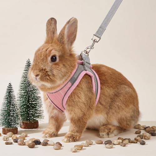 Adjustable Rabbit Harness and Leash Set, Escape Proof Breathable Mesh Rabbit Vest, Small Pet Harness and Leash for Rabbit Kitten Ferret Puppy, Pink Gray Walking Accessories