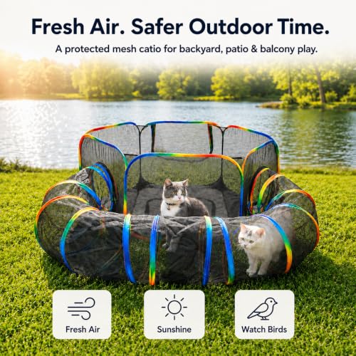 Portable Cat Enclosure - 2-in-1 Outdoor Catio with Tent & Tunnel, Foldable Playpen for Indoor Cats, Includes Storage Bag for Cats & Small Animals Rainbow Color - size: Tent + Circle Tunnel