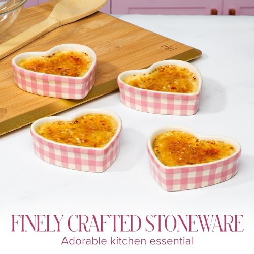 Paris Hilton Heart Shaped Ramekins Oven Safe, 4-Piece Mini Ceramic Ramekin Set, Stoneware Baking Dishes, Microwave, Dishwasher & Freezer Safe, Gingham Design, 3-Ounce, Pink