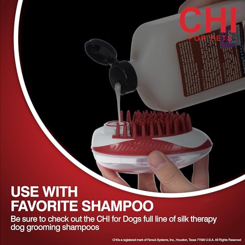 CHI for Dogs Soap Dispensing Palm Brush, Handheld Dog Bathing Scrubber with Built-In Shampoo Dispenser, Soft Rubber Bristles for Massaging and Deep Cleaning All Dog Coat Types, Red | Built-in shampoo dispenser, soft rubber bristles, massages while deep cl