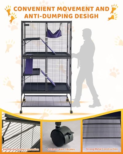 64" Metal Ferret Cage, 4-Tier Small Animal Cage with Removable Ramp, Hammock, Storage Stand & Tray for Chinchilla, Hamster