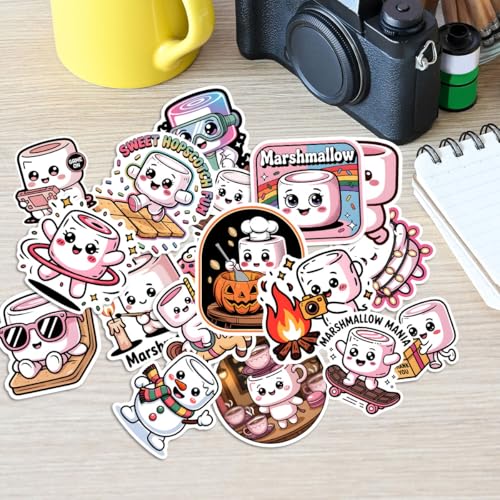 Podagree 60Pcs Marshmallow Sticker Cute Food Decal Funny Cartoon Sweet | Marshmallow Stickers with Cute Food Characters for Sweet Lovers, Laptop, Water Bottle, Journal and Notebook Use - color: Marshmallow, size: 3in