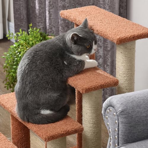 PawHut 4 Levels Cat Steps, Pet Stairs Carpeted Ladder, Kitten Tree Climber with Scratching Posts, Hanging Play Ball, Side Step, for High Bed, Sofa, Brown | Kitten Tree Climber, Scratching Posts, Hanging Play Ball, Side Step, for Sofa - color: Brown