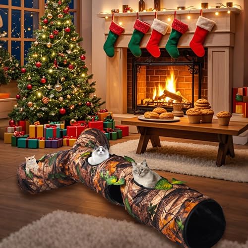 Foldable 3 Way Cat Play Tunnel for Indoor Cats,Cat Tunnel Toy | Camouflage Tree Bark Cat Tube with Peek Hole & Crinkle Paper ,Interactive Play Toy for Cat Kittens, Rabbits & Small Animals - color: 59"-Cat Tunnel Toy Brown