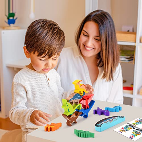 IPOURUP Dinosaur Toys for Kids 3-5: Wooden Stacking Montessori Toys for 3 4 5 6 7 8 Year Old Boys Girls Birthday Gifts for Kid Ages 4-8 Balance Competition Game for Family Stocking Stuffers - style: Dinosaur Blocks