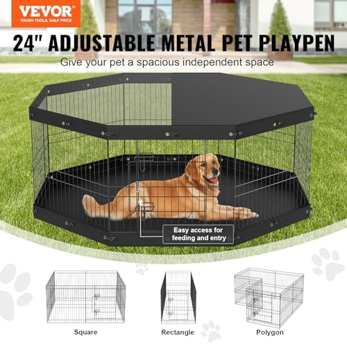 VEVOR Foldable Metal Dog Exercise Pen, Pet Playpen Dog Fence for Camping with Top Cover and Bottom Pad, 24" H 8 Panels, Puppy Crate Kennel Indoor Outdoor for Medium Dogs, Both for Home&Yard - size: 8 panels 24*24in, style: Playpen + Top Cover & Bottom Pad