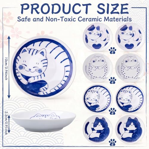 8 Pcs Kawaii Cat Ceramic Bowls Set, 4 Inch Shallow Cats Dishes Food Plates for Wet Food Treats and Snacks, Japanese Style Cute Bowls for Small Pets, Gifts for Cat Lover