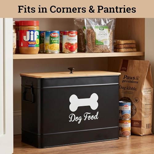 Metal Dog Food Container 15-20 lbs w/ Airtight Bamboo Lid, 70 Cup Capacity | Pet Jar For Dogs up to 100lbs, Airtight Bamboo Lid, Sturdy Comfortable Metal Handle, Powder Coated Iron, Kibble Storage Bin - color: Black