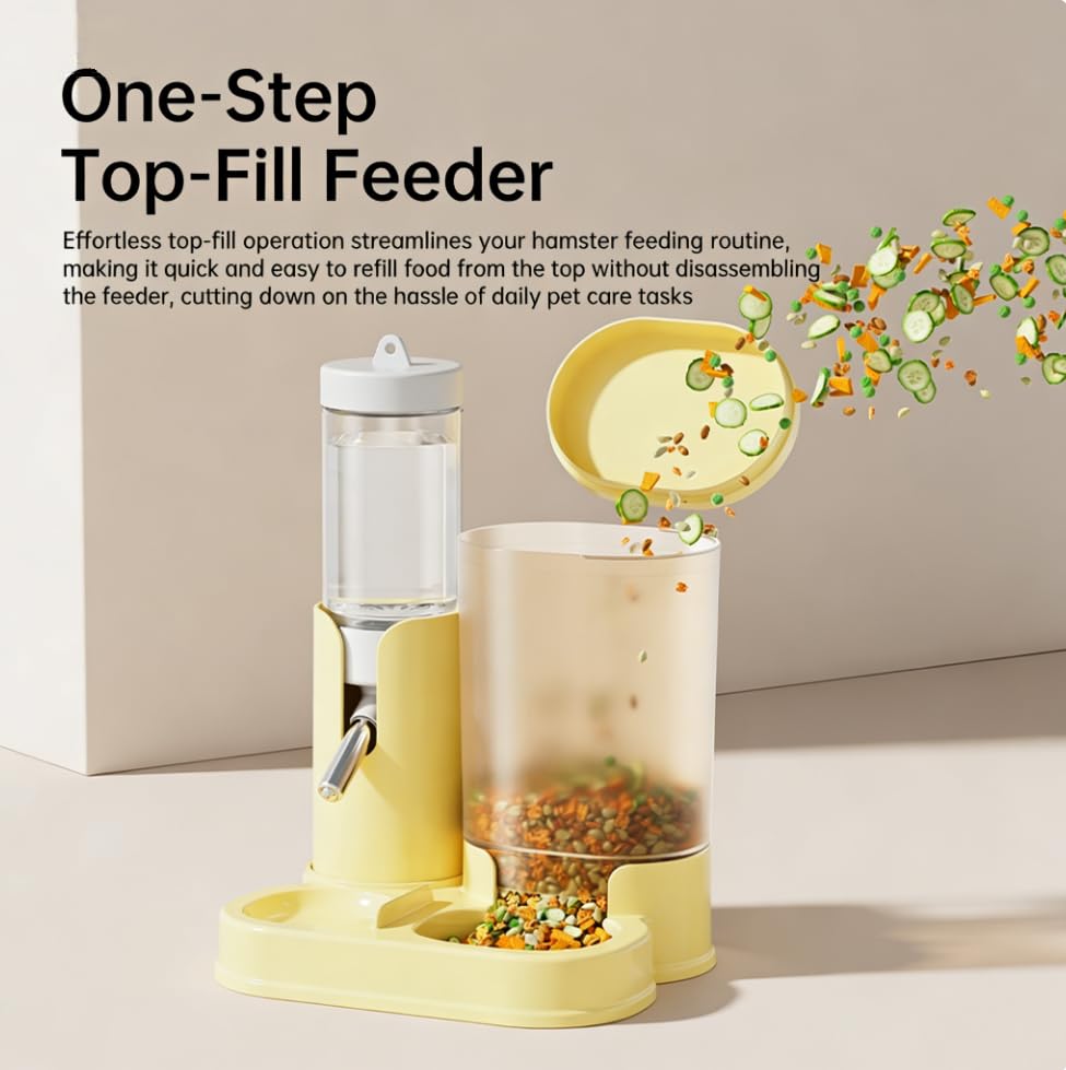 No Drip Hamster Water Bottle, 2 in 1 Hamster Water Dispenser & Food Bowl | Sealed Freestanding Small Animal Gravity Feeder, Hamster Cage Accessories for Dwarf Hamster, Gerbil, Rat, Mice (Yellow) - color: Yellow