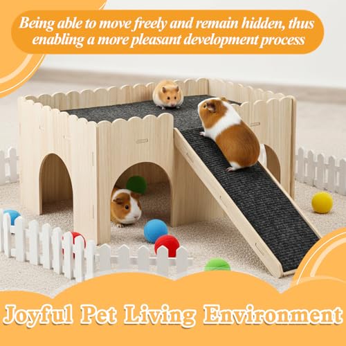 Large Guinea Pig Castle, Sturdy Wooden Guinea Pig Hideout, Upgraded Wooden Guineas Pigs Castle with Anti-Slip Stairs, Easy to Assemble for Small Animal House Habitat or Hamster Hideout