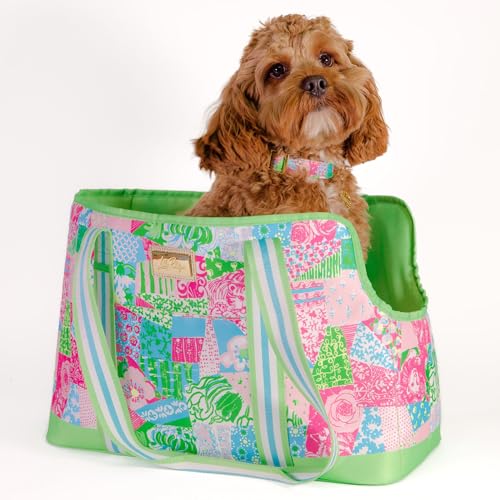Lilly Pulitzer Small Pet Carrier 60lb Capacity, Crazy Quilt Home | Soft Sided with Removable Padded Insert, Shoulder Straps, Open-Top with Gold Buckle Closure & Safety Clip & Exterior Pocket