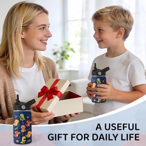 Music Dinosaur Water Bottle for Son, Stainless Steel Insulated Tumbler with Straw Lid and Handle, 12oz Reusable Leak-Proof Bottle for Sports - color: Dinosaur-Letter