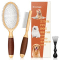Dog Brush for Long Haired Dogs, 27mm Extra Long Metal Pin Dog Deshedding Brush and Comb Set, Short Haired Shedding Grooming Detail Pets Brush Set with Rubber Handle - color: Set-3 Pcs